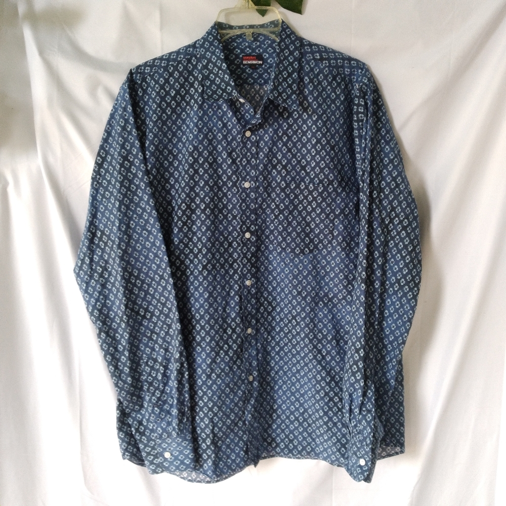 Bensimon Surplus Shirt Mens Size XL Blue Geimetric Long Sleeve Button Down